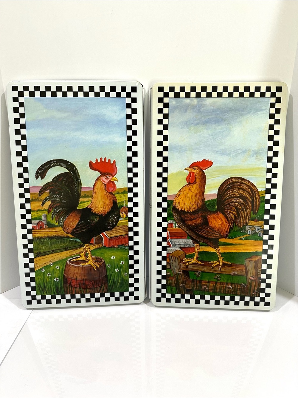 Vintage Pair Rooster Country Metal Tin Stove Burner Cover Wall Art Kitchen
